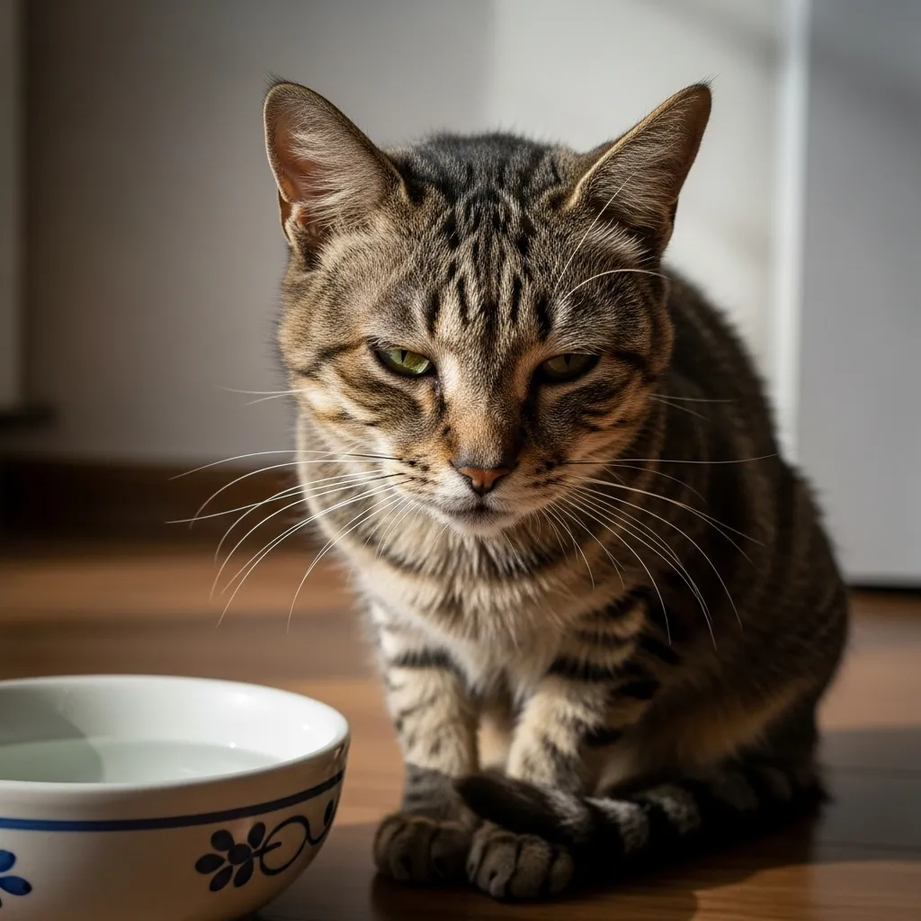  Dehydrated cat showing dry gums and lethargy near an empty water bowl.