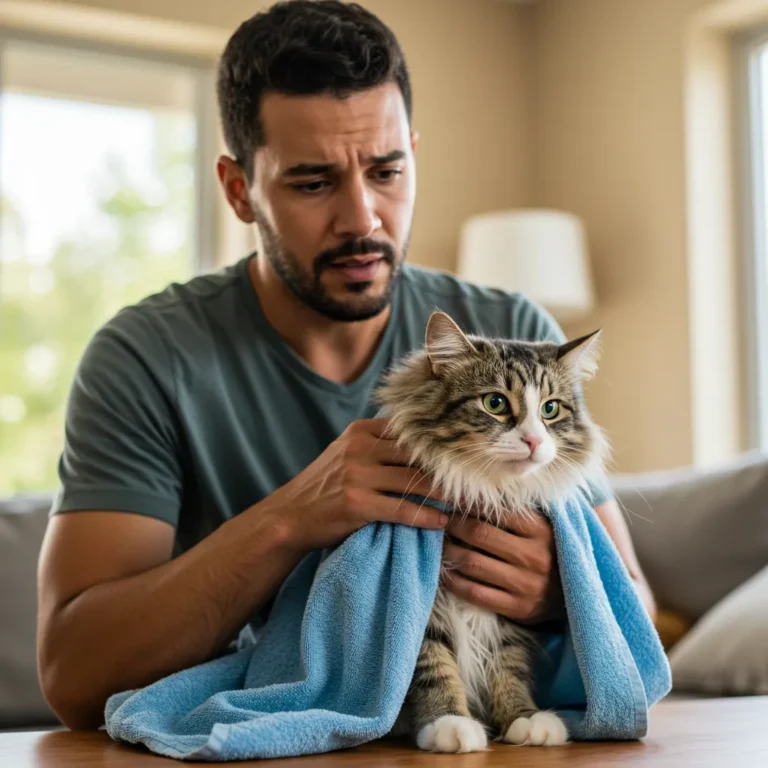 Owner providing first aid to a Norwegian Forest Cat with a damp towel for heatstroke.