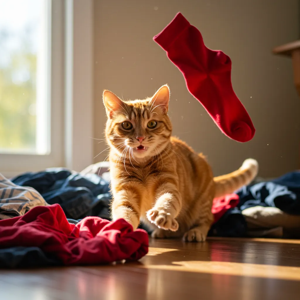 Cat pouncing on a sock, demonstrating feline hunting instinct indoors.
