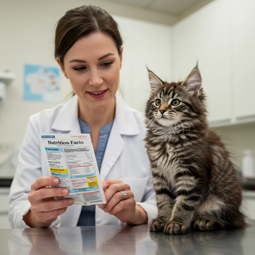 Vet and Norwegian Forest kitten with food label.