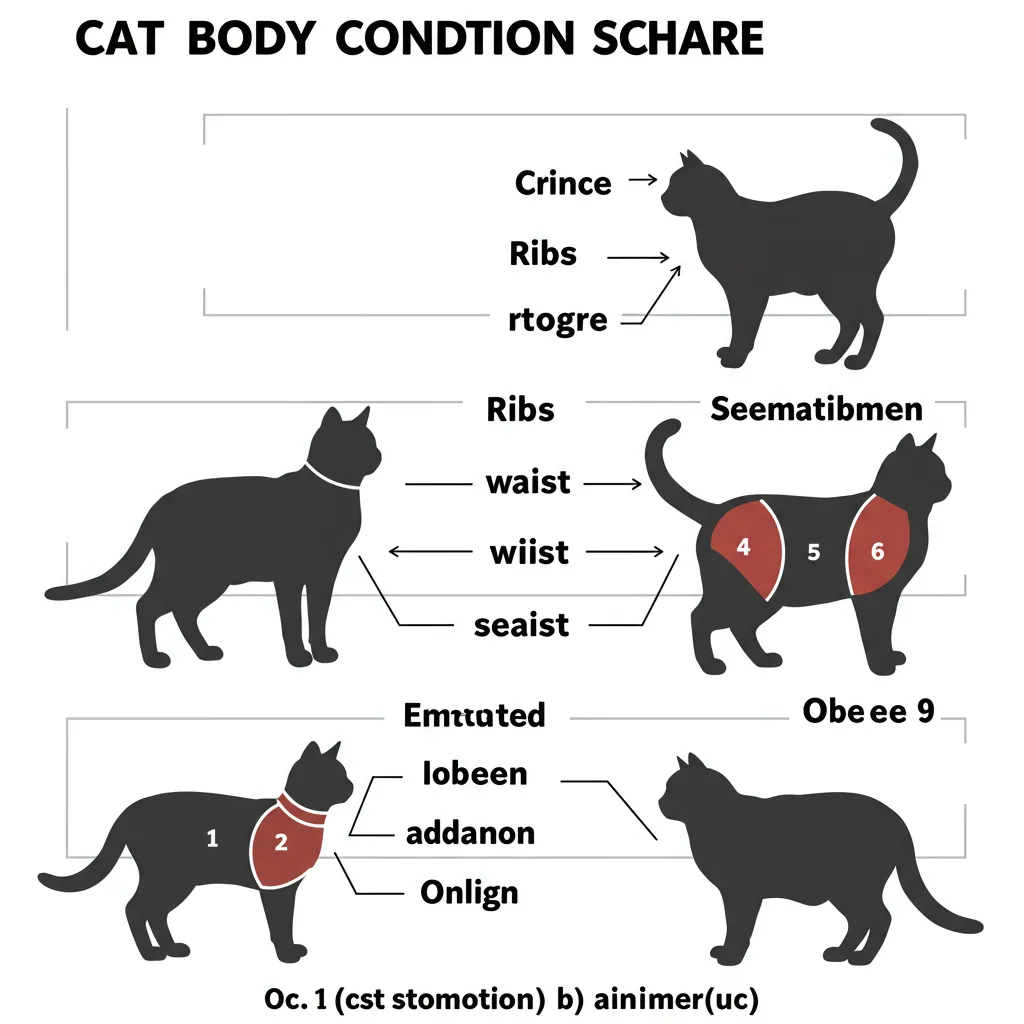 Cat body condition score chart illustrating healthy weight for cats from emaciated to obese.
