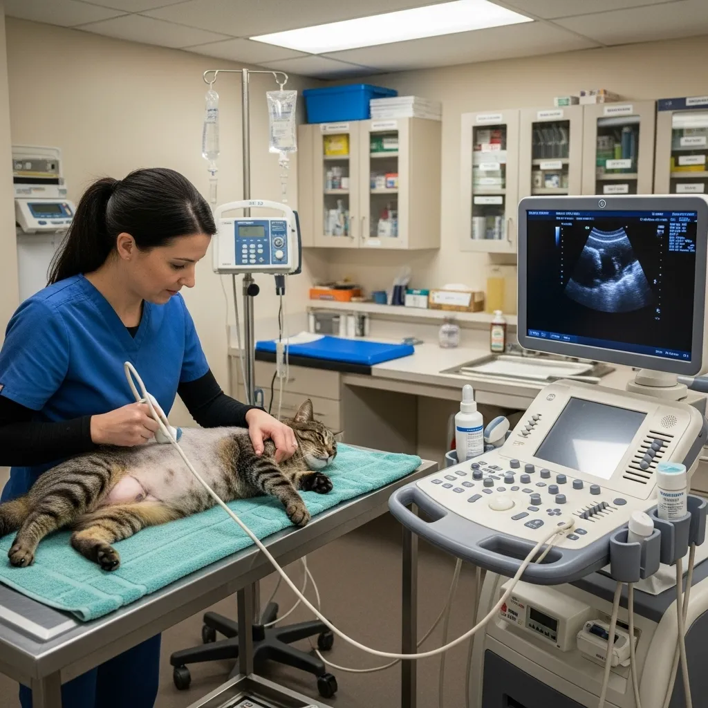 Vet performing ultrasound on a cat to diagnose urinary problems.