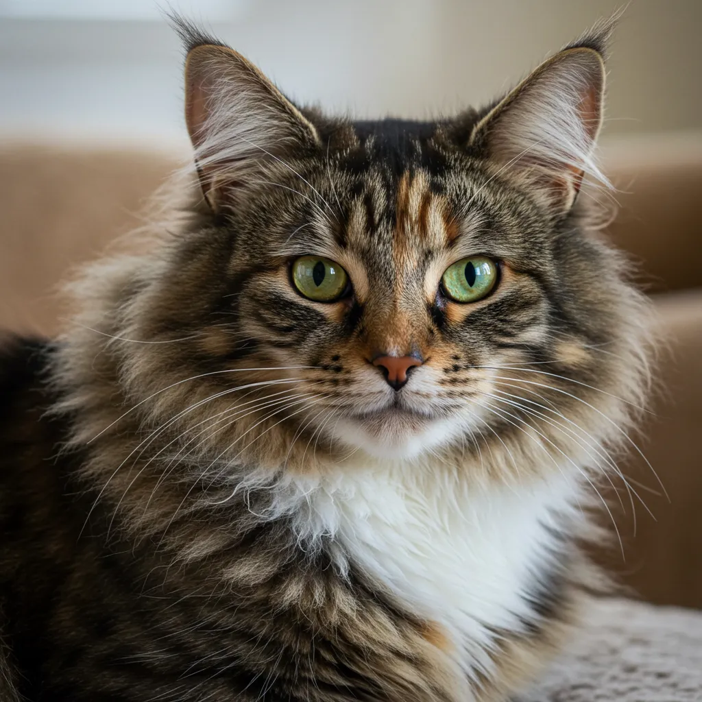 Norwegian Forest Cat with healthy teeth and fresh breath in cozy home setting.