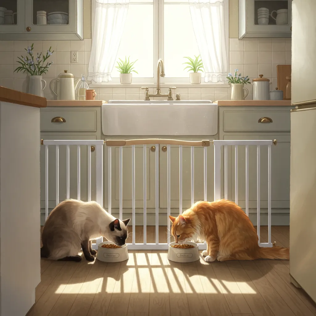 Two cats eating calmly in separate feeding zones to prevent food theft in a multi-cat home.