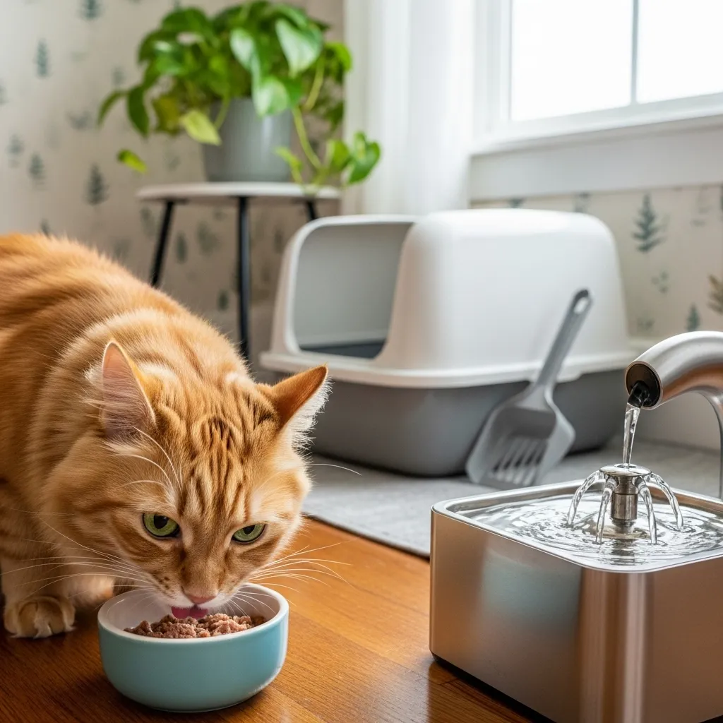 Cat eating wet food and drinking from a fountain to prevent urinary issues.