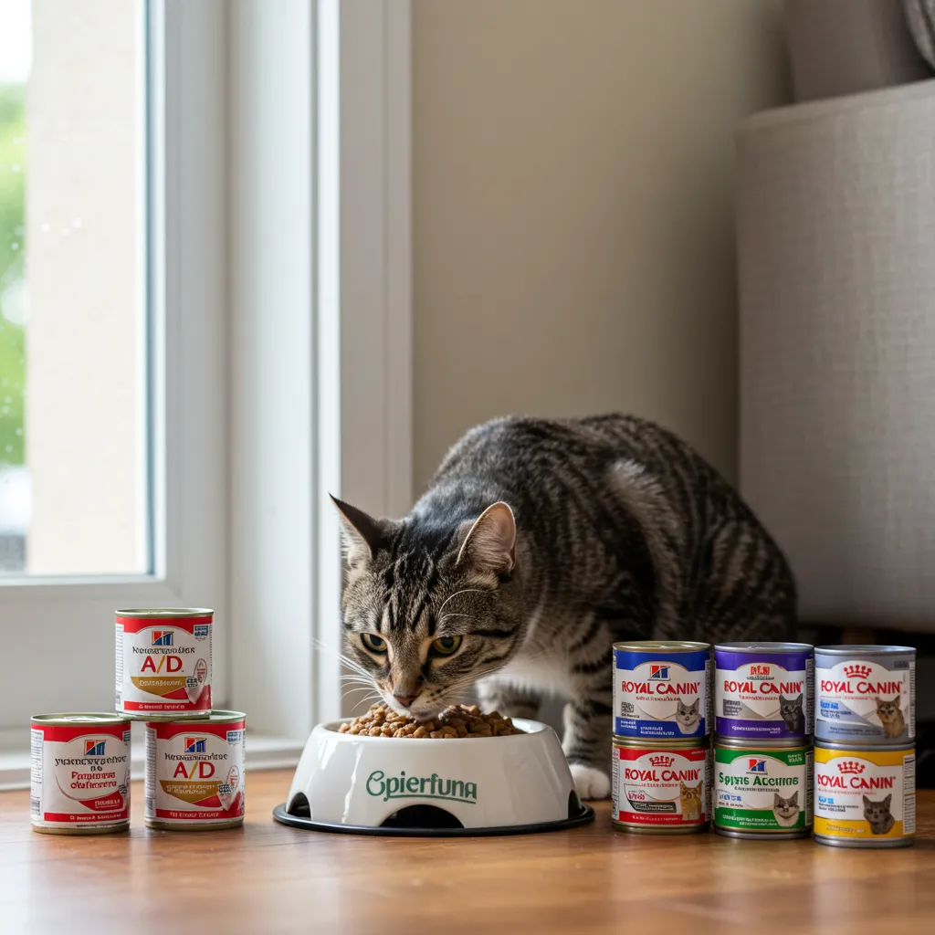  Cat enjoying wet food from a bowl, surrounded by vet-approved foods for underweight cats.
