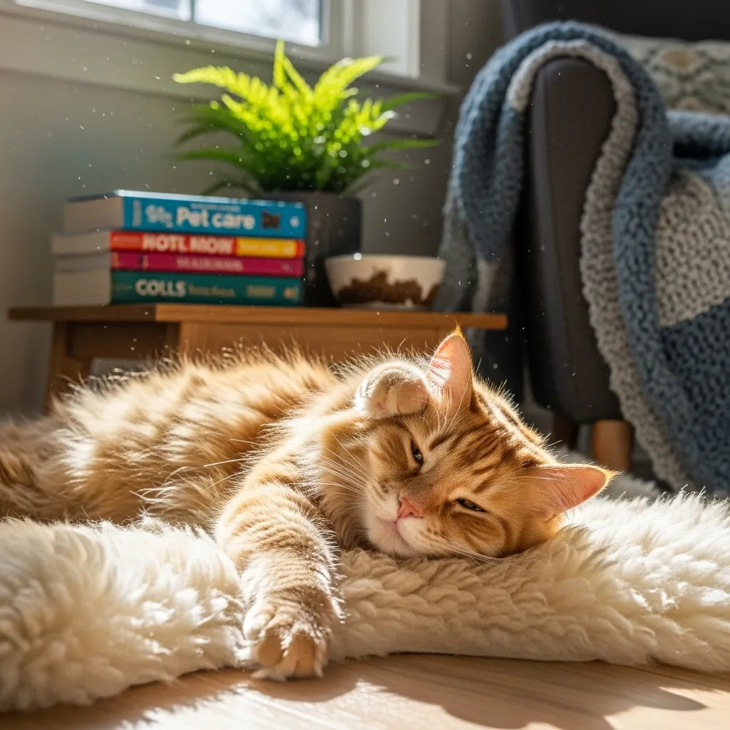 Healthy cat relaxing at home after urinary issue treatment.
