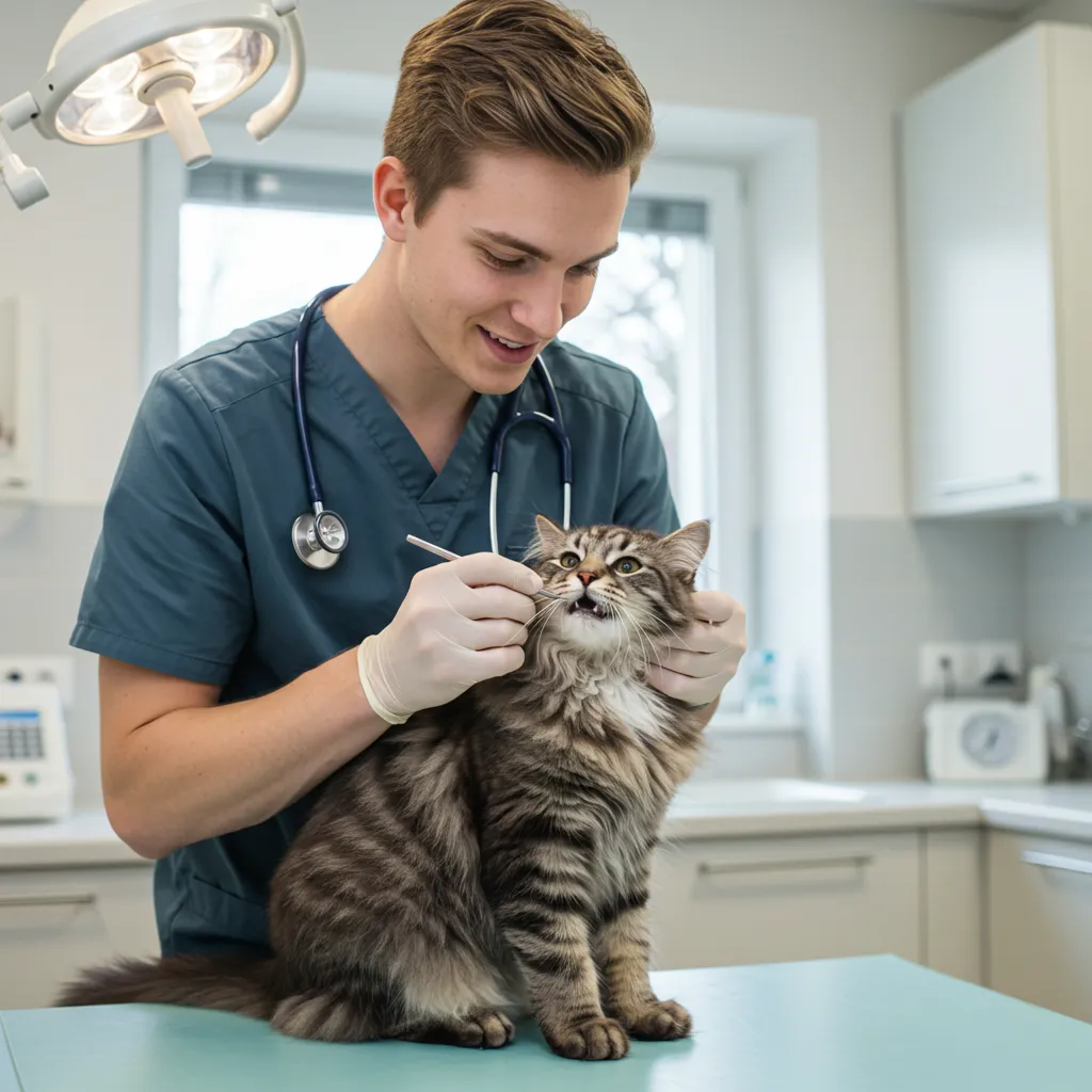 Veterinarian performing dental checkup on Norwegian Forest Cat for bad breath solutions.