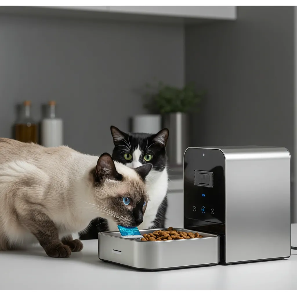 Siamese cat using a microchip feeder to prevent food theft from a curious sibling.