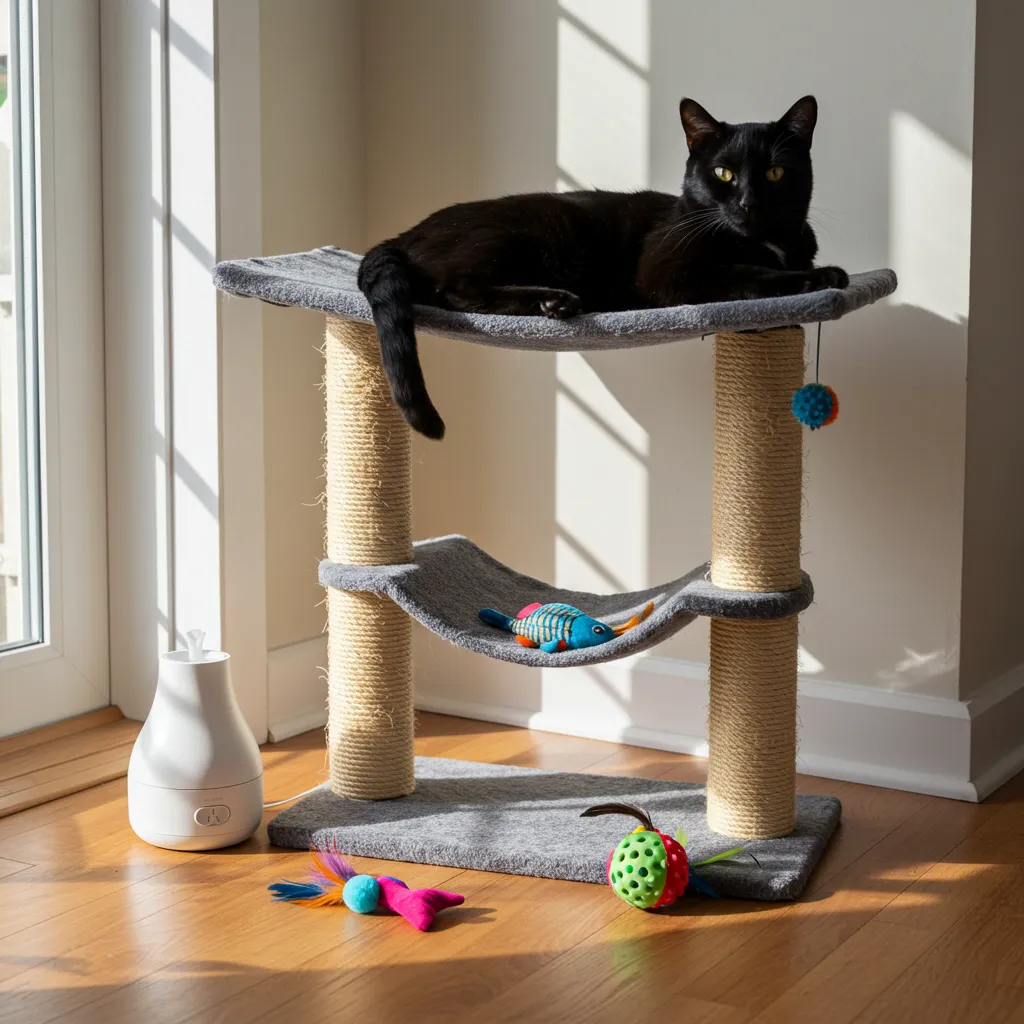 Relaxed cat on a cat tree with Feliway diffuser, promoting a stress-free environment for feline weight gain.