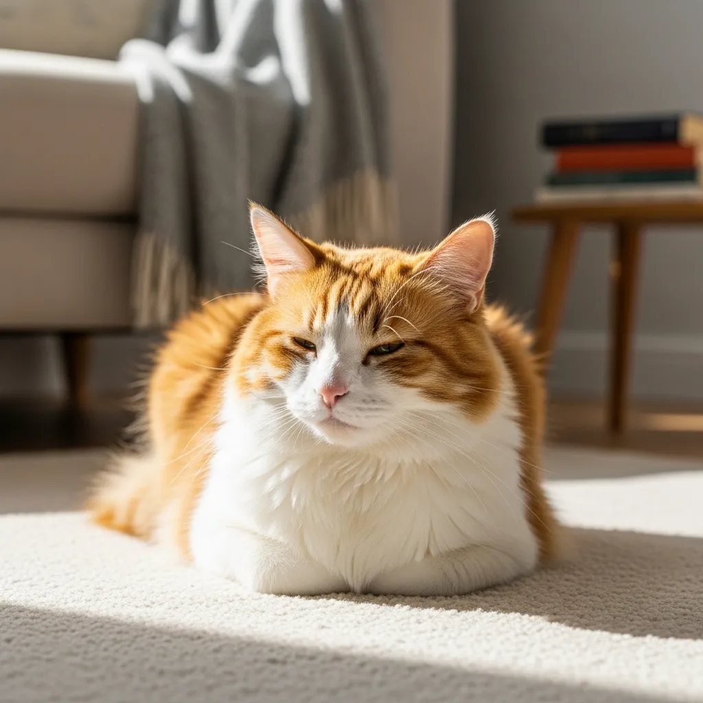 Fluffy cat relaxing on a clean carpet in a sunlit living room, showcasing a fur-free home.