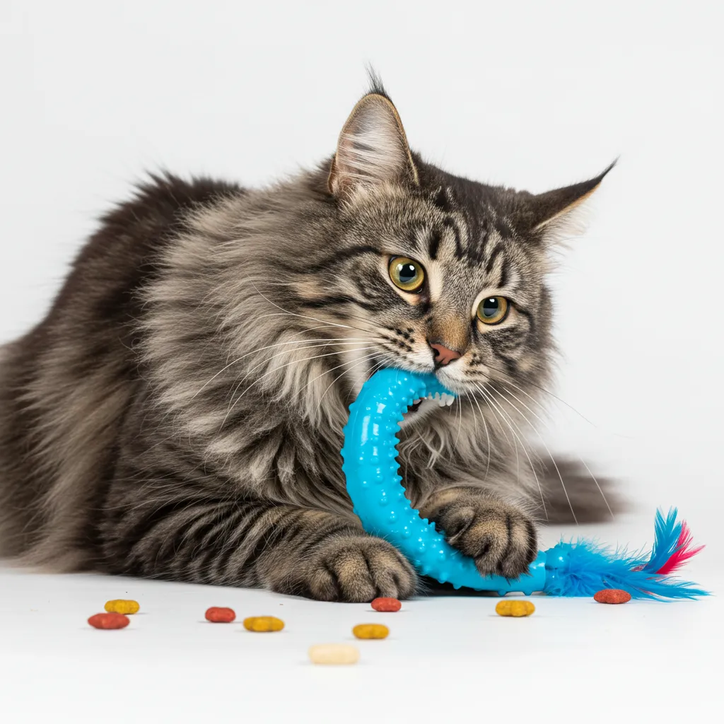 Norwegian Forest Cat using chew toy for oral health to prevent bad breath.