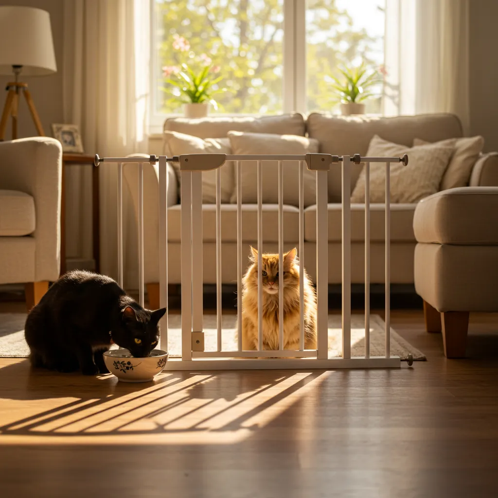 Baby gate creating separate feeding zones for two cats to stop food stealing.