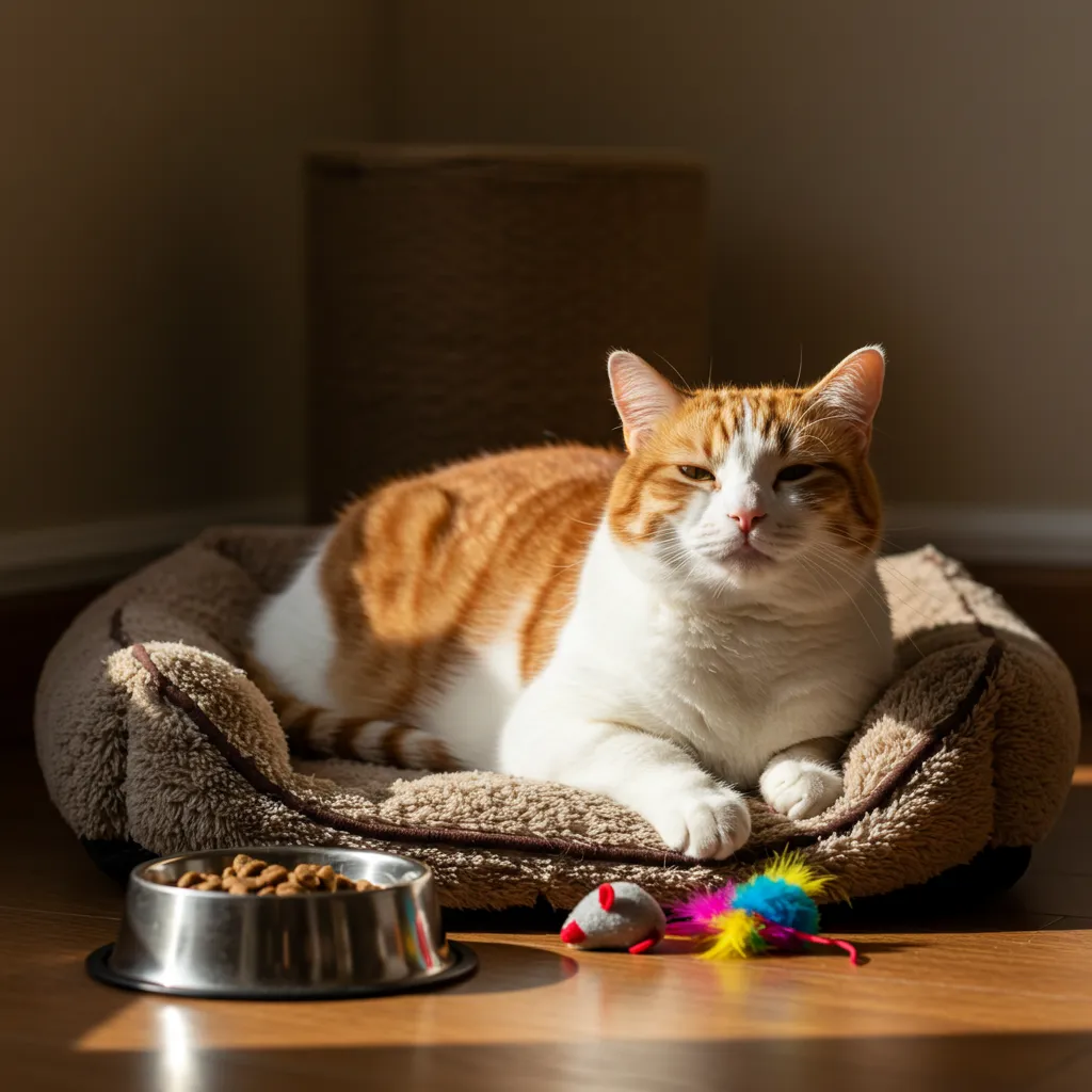  Healthy cat with ideal weight lounging on a pet bed, demonstrating successful feline weight management.