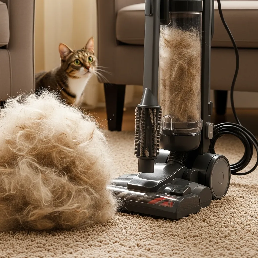  Pile of cat hair on a carpet beside a pet vacuum, with a curious cat in the background.