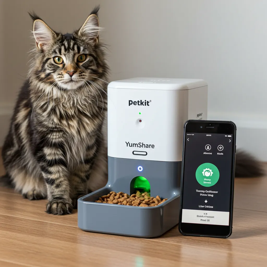 Petkit YumShare smart feeder dispensing food while monitoring intake via app.