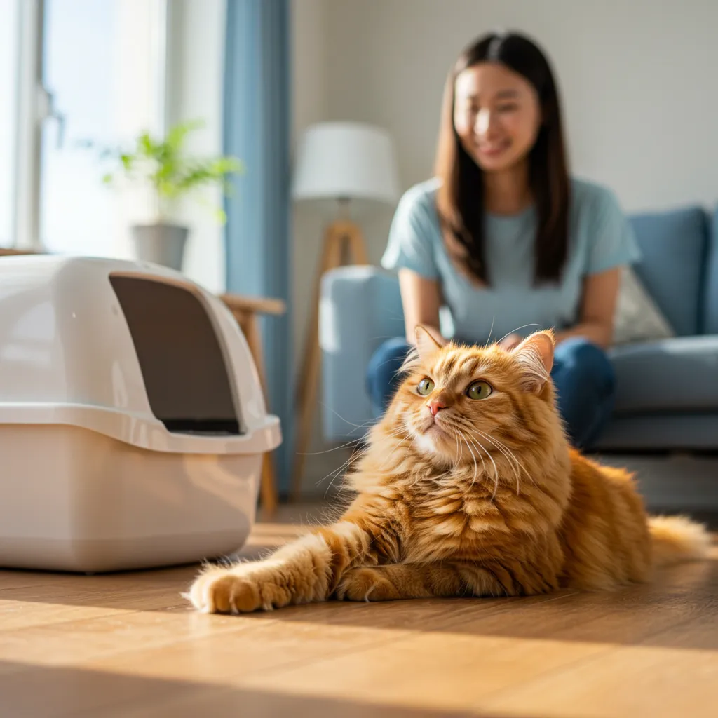 Happy cat near a clean litter box in a cozy home, celebrating successful litter training.