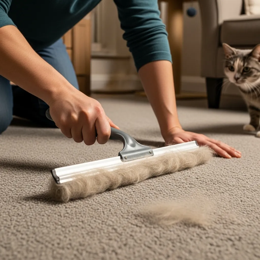 Person using a squeegee to remove cat hair from a carpet, collecting a pile of fur.