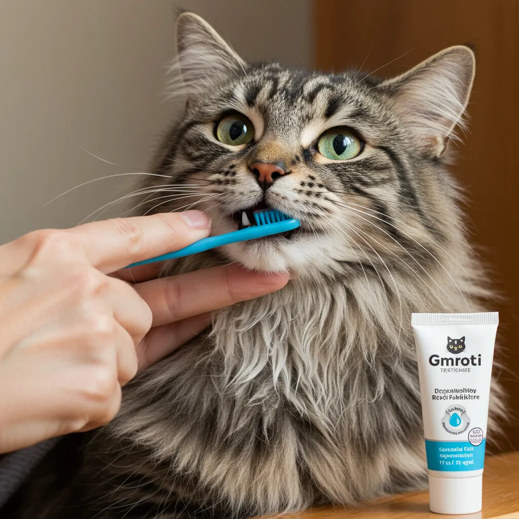  Cat owner brushing Norwegian Forest Cat’s teeth for fresh breath with best cat toothpaste.