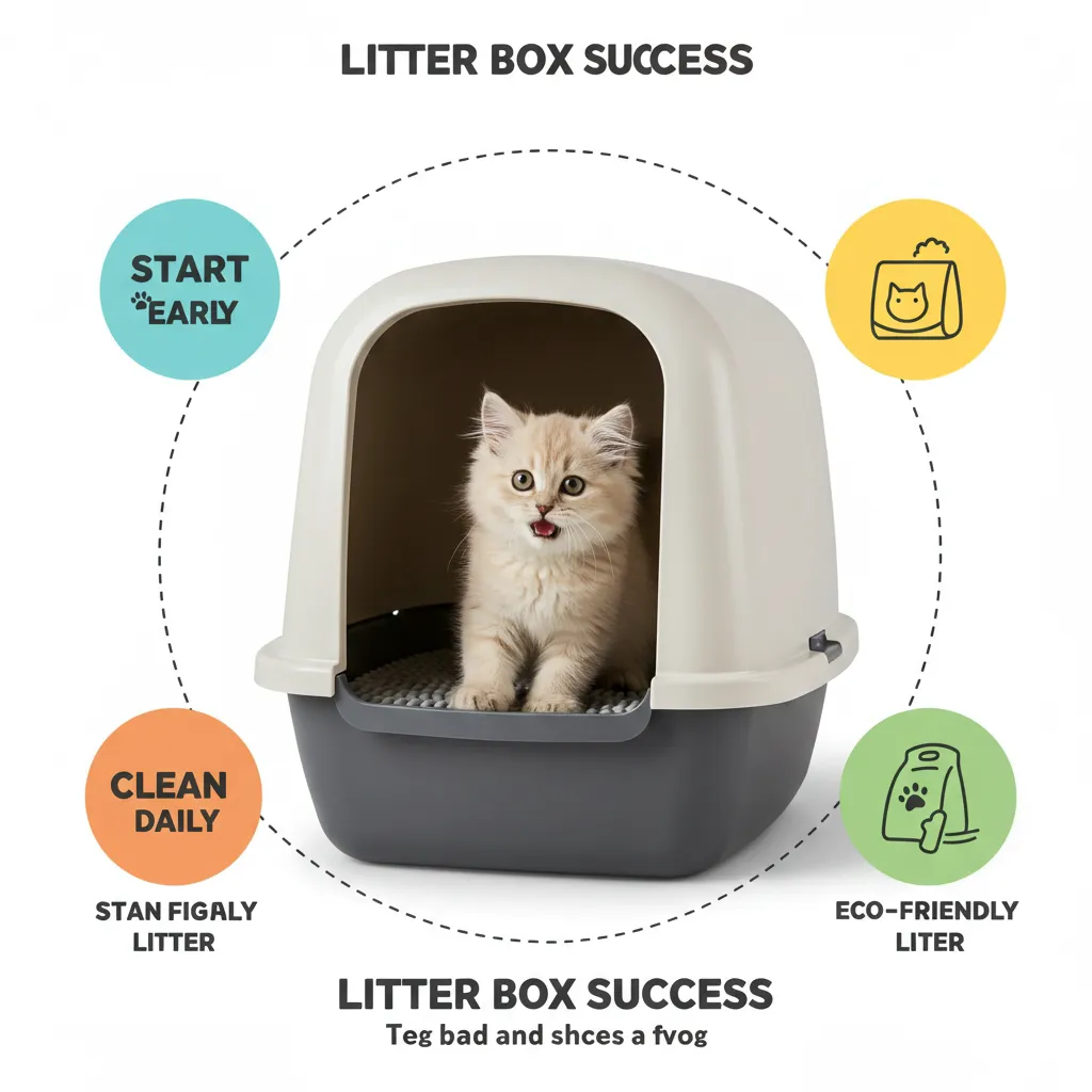  Infographic of cat litter training tips with a kitten in a litter box, highlighting key steps like starting early and using eco-friendly litter.