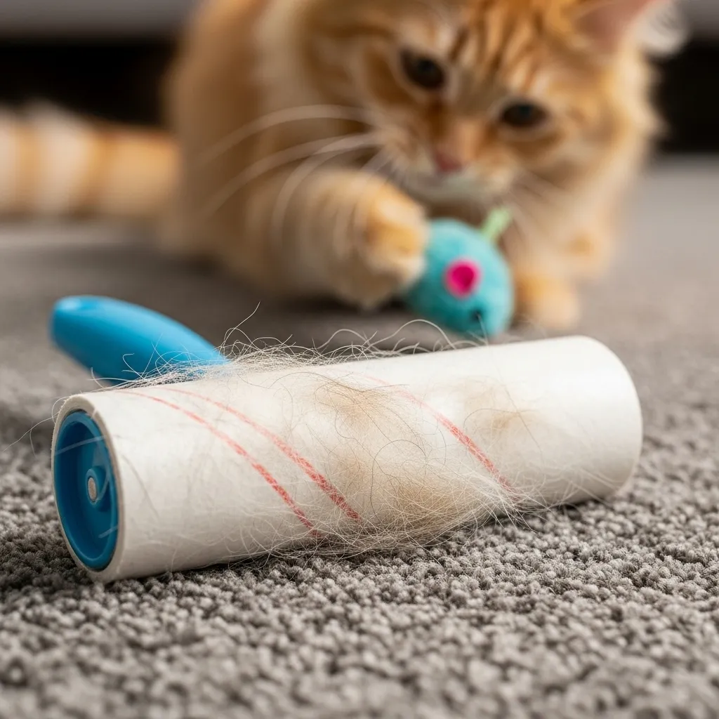  Lint roller removing cat hair from a carpet while a cat plays with a toy in the background.