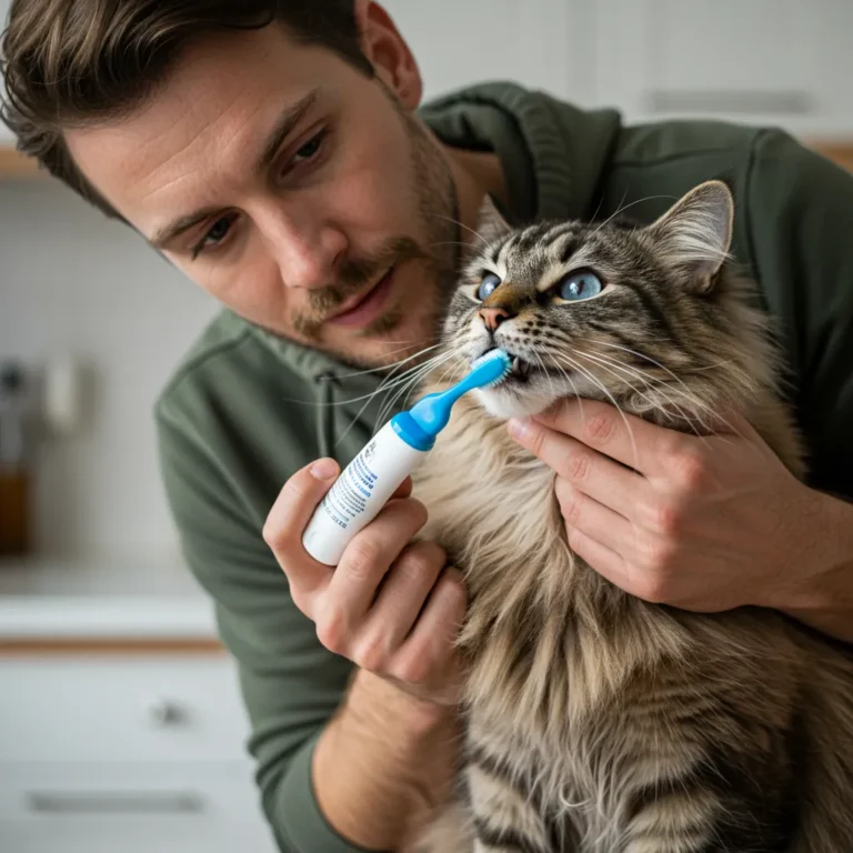 Cat owner brushing Norwegian Forest Cat’s teeth for fresh breath with best cat toothpaste.