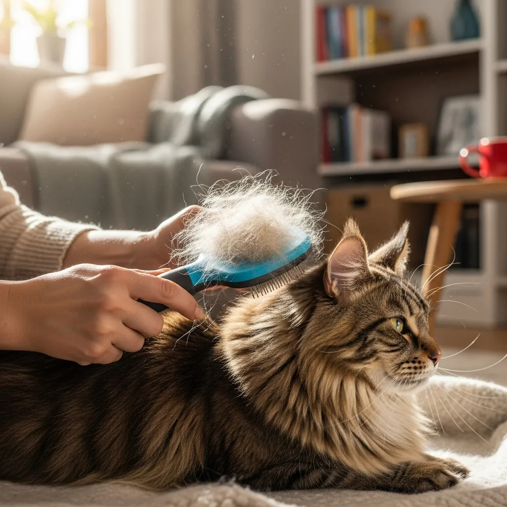  Person grooming a fluffy cat with a deshedding tool to reduce shedding and carpet hair.