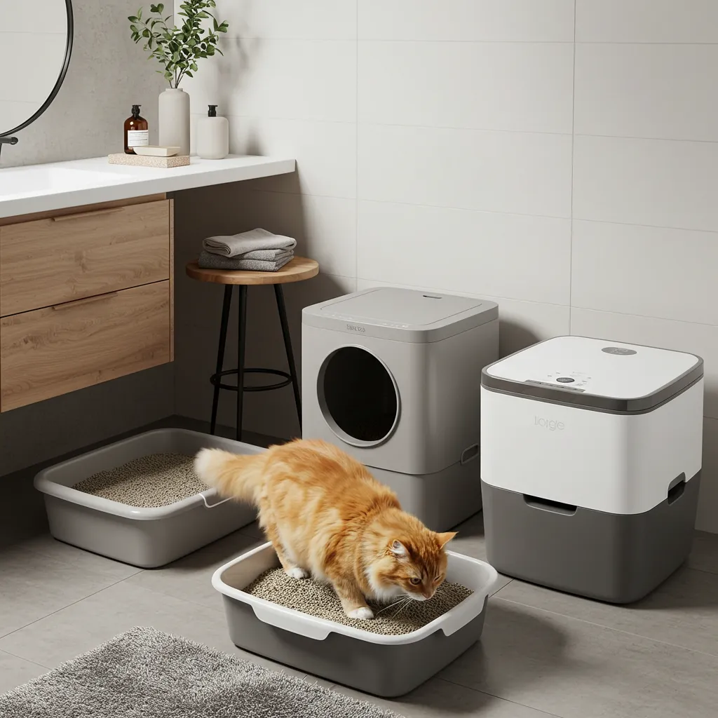  Comparison of cat litter box types, showing an open tray, covered box, and self-cleaning model, with a cat in an open tray.