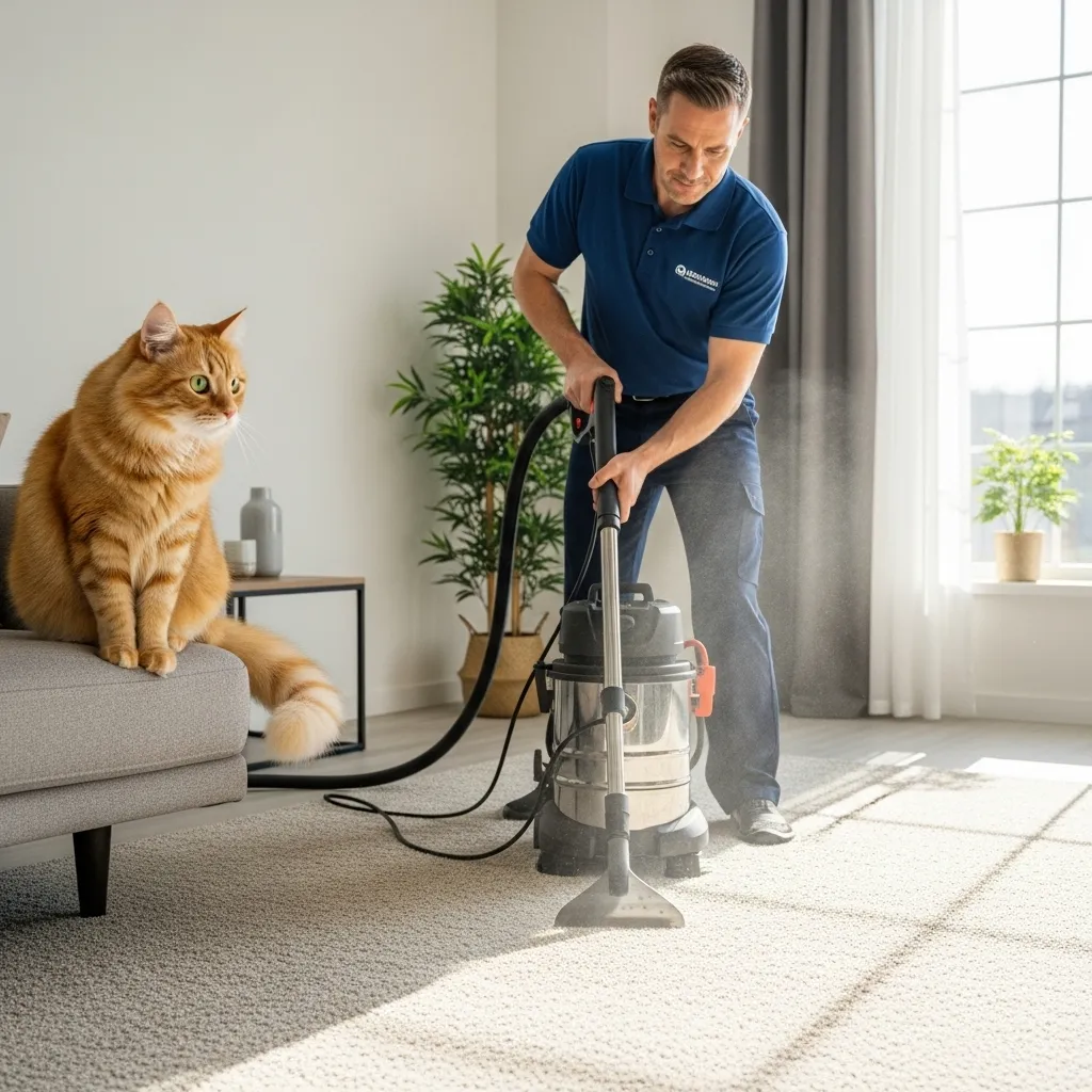 Professional using a steam cleaner to remove cat hair from a carpet, with a cat observing.