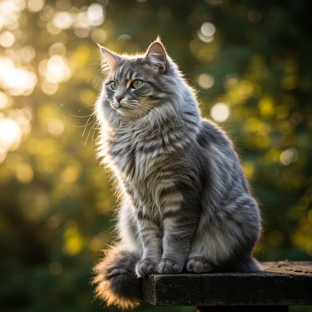  Norwegian Forest Cat showcasing its large size and lush coat in a natural setting.