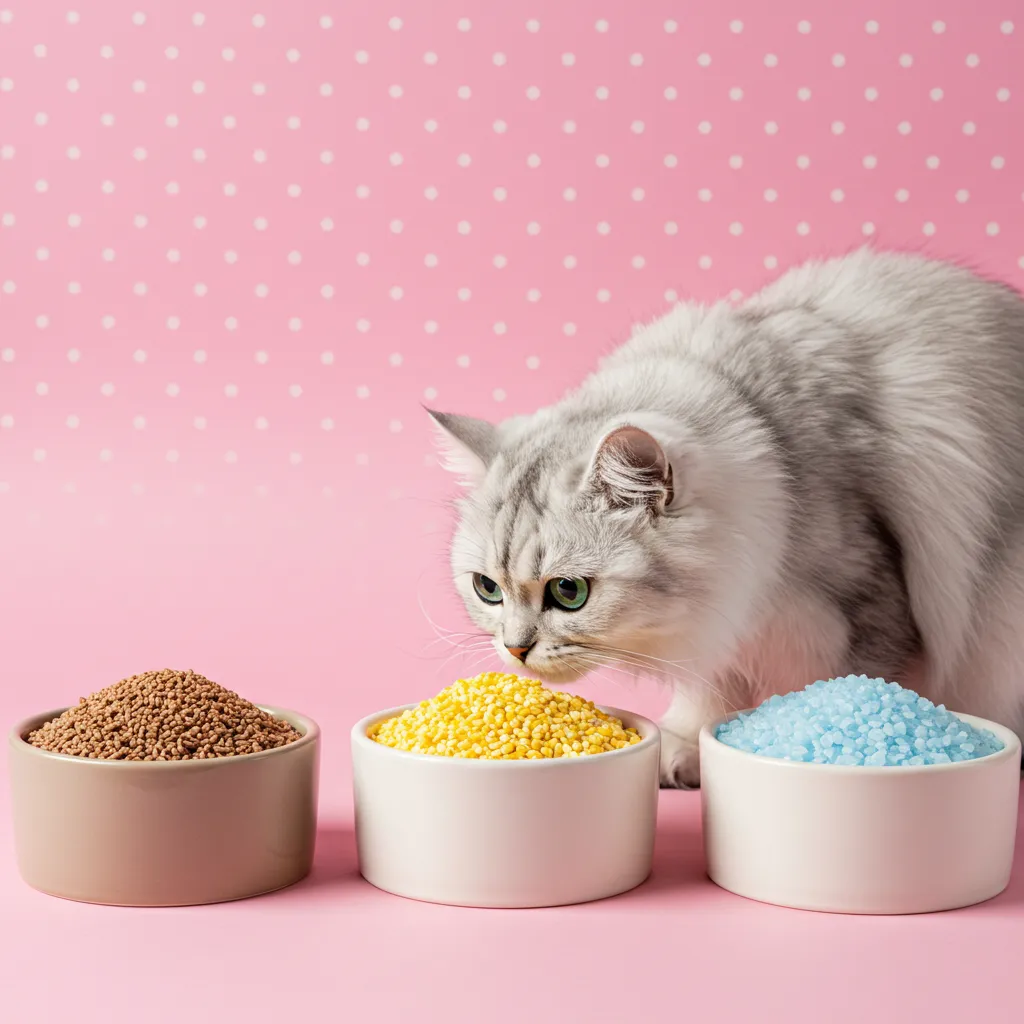 Display of cat litter types including clumping clay, natural corn, and crystal, with a cat sniffing a bowl of litter.