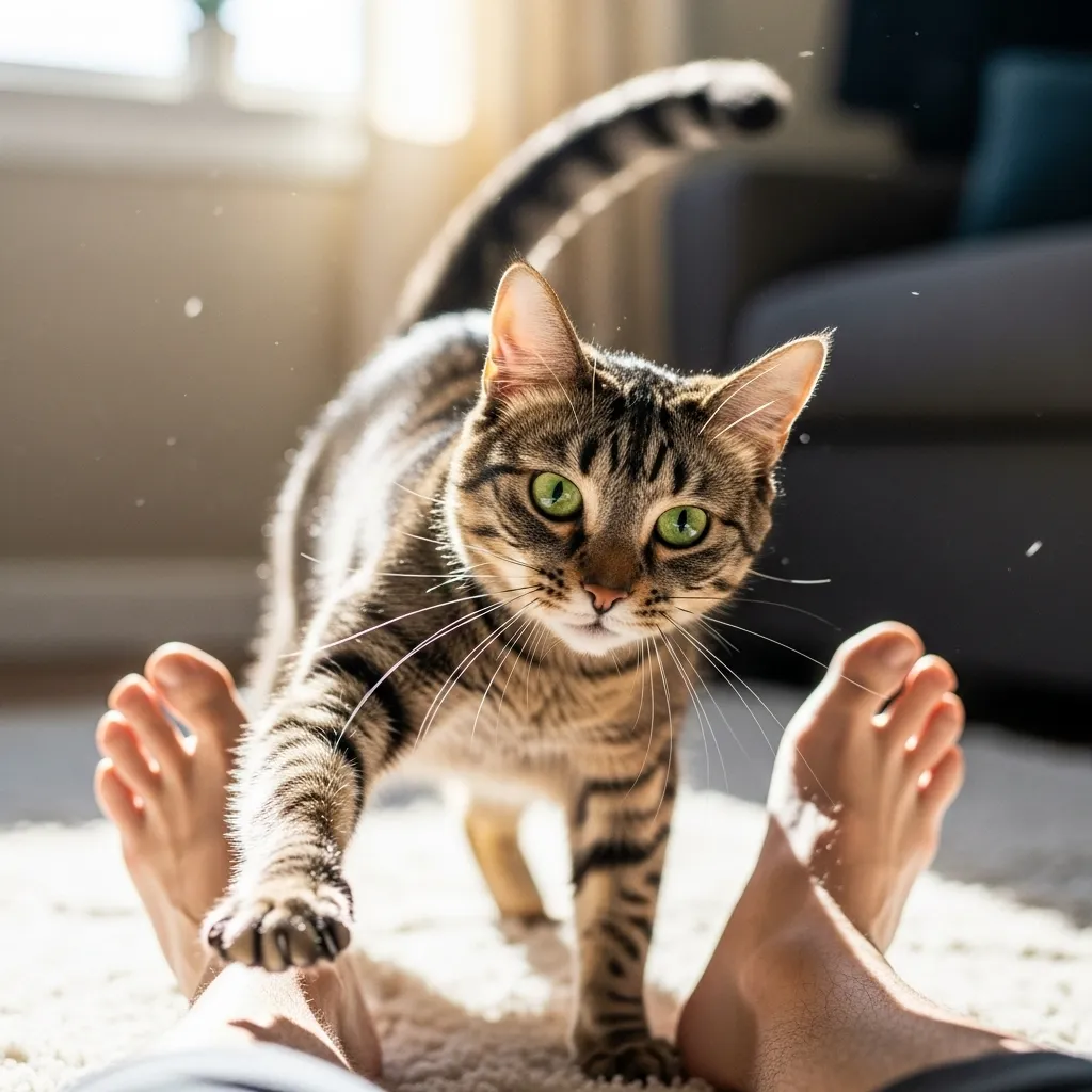 Playful cat preparing to pounce on bare feet in a cozy living room.