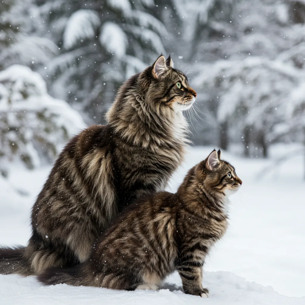 Male vs female Norwegian Forest Cat size comparison in a snowy forest setting.