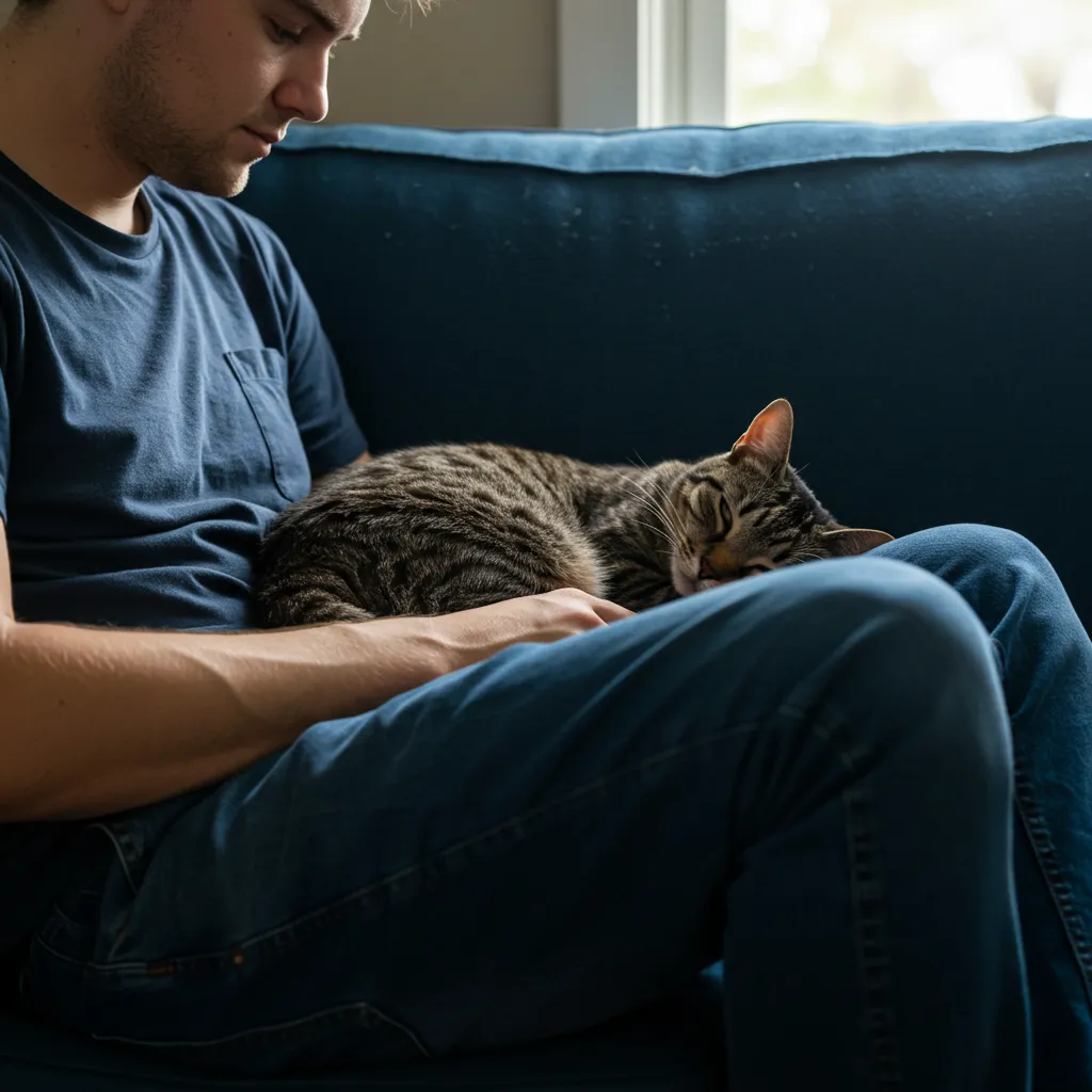  Cat cuddling with owner, showcasing the emotional bond during lymphoma treatment.