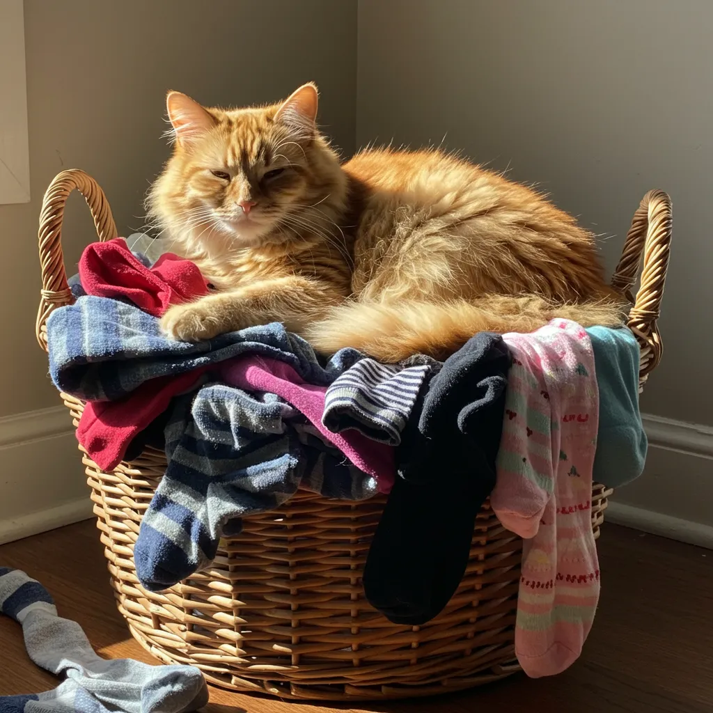 Cat resting on socks, showing comfort and scent association with owner’s belongings.