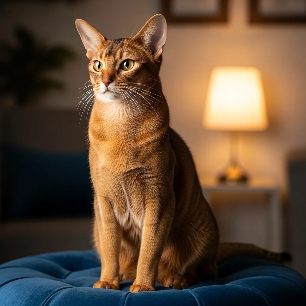 Tabby Cat Colors 5 Ticked tabby Abyssinian cat with shimmering red coat under indoor light.