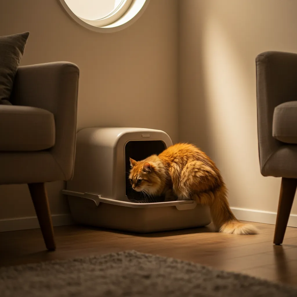  Cat using a litter box in a quiet, accessible home corner, demonstrating ideal litter box placement.