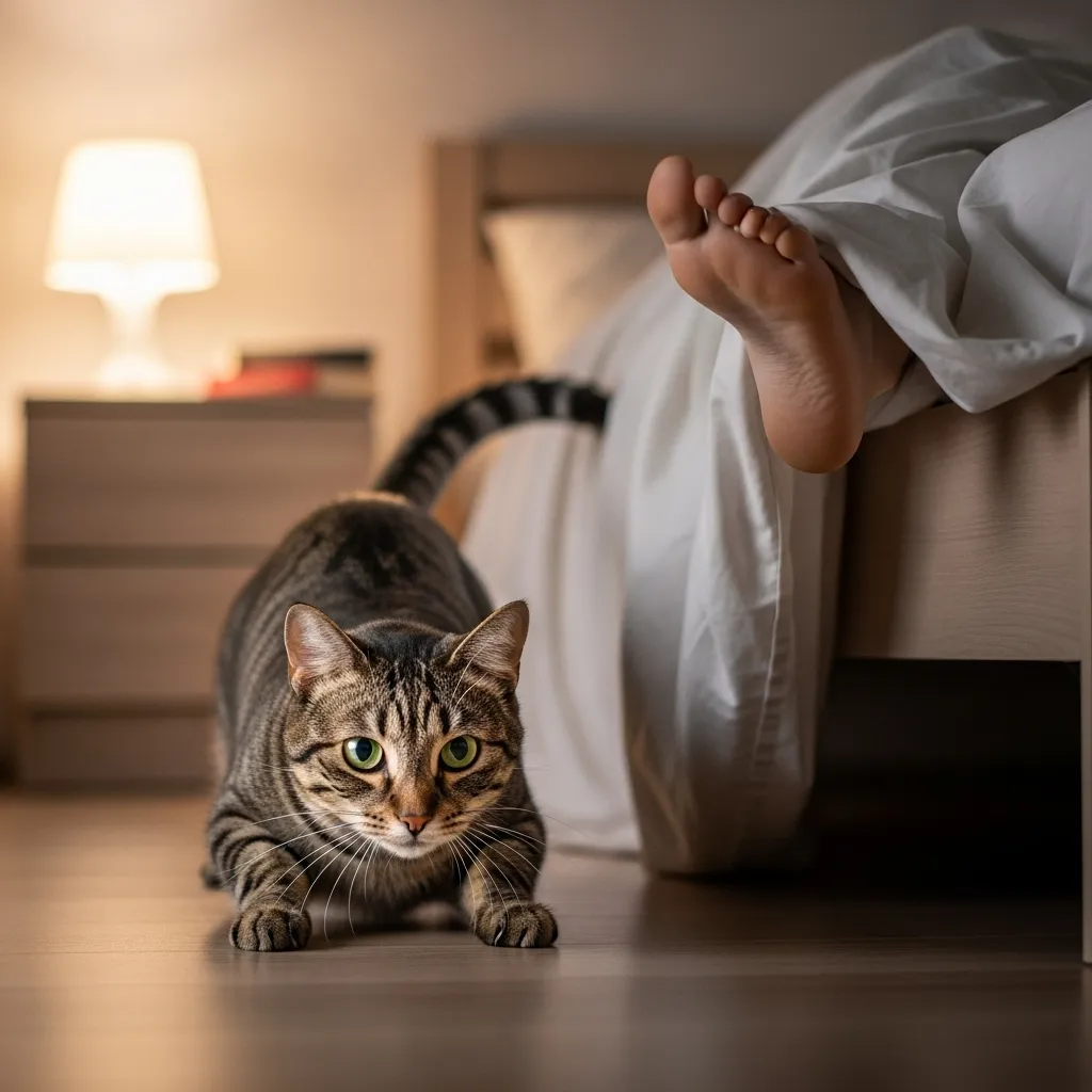 Cat in hunting mode eyeing feet under a blanket in a bedroom.