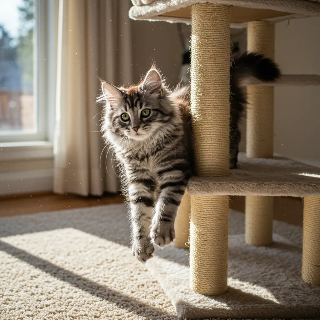 Norwegian Forest Cat kitten growth stage at 6 months on a cat tree.