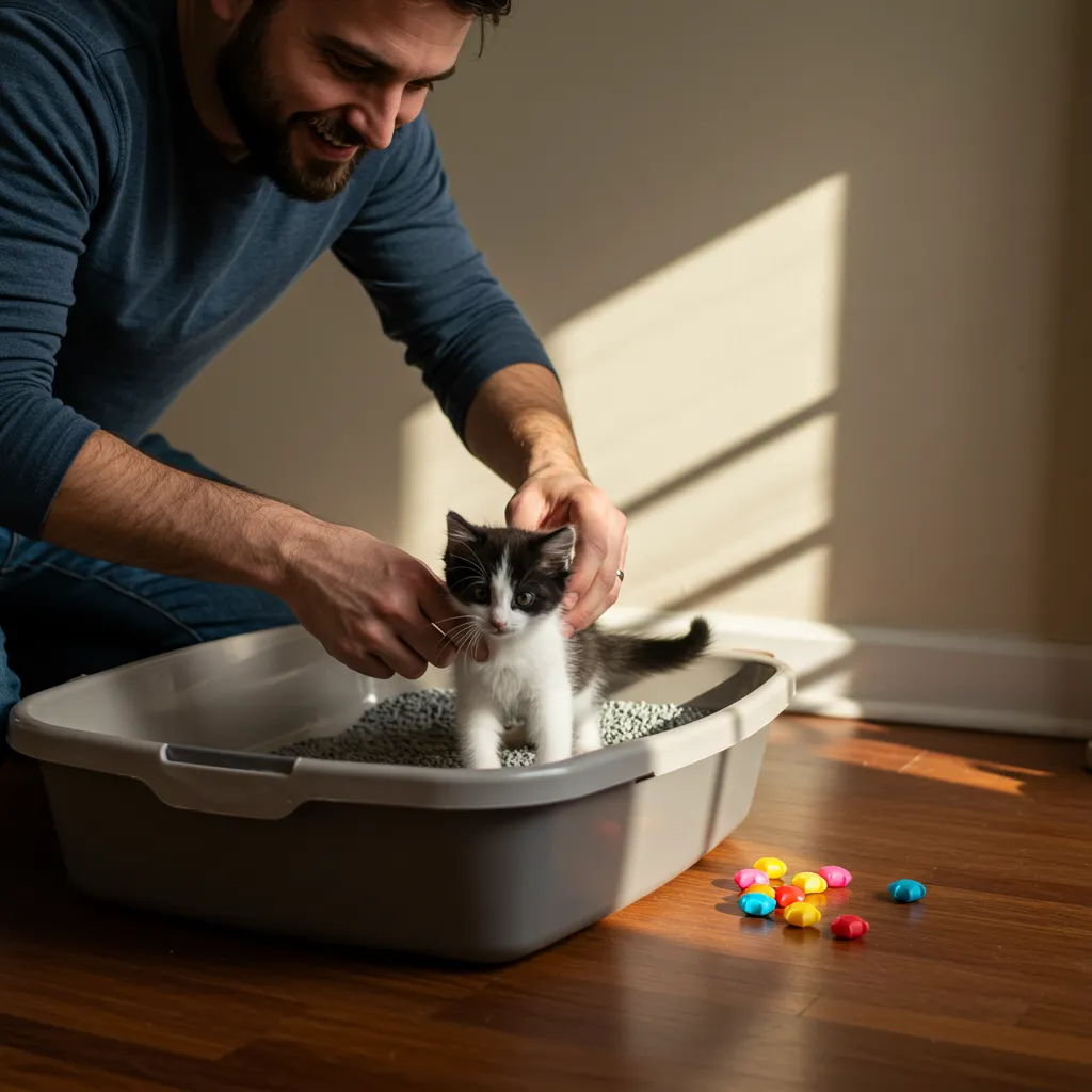 Person guiding a kitten into a litter box during training, with treats for positive reinforcement.