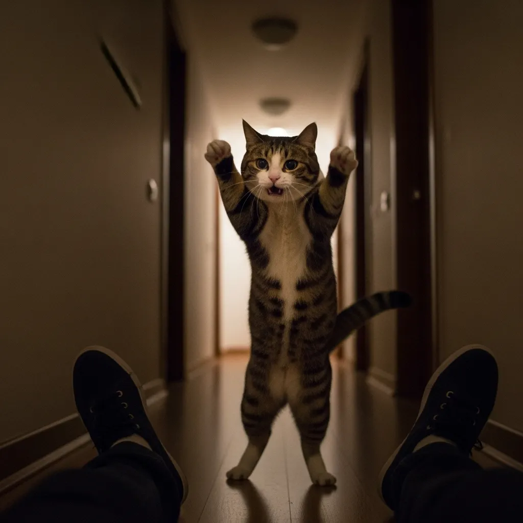 Cat leaping toward feet during nighttime zoomies in a hallway.