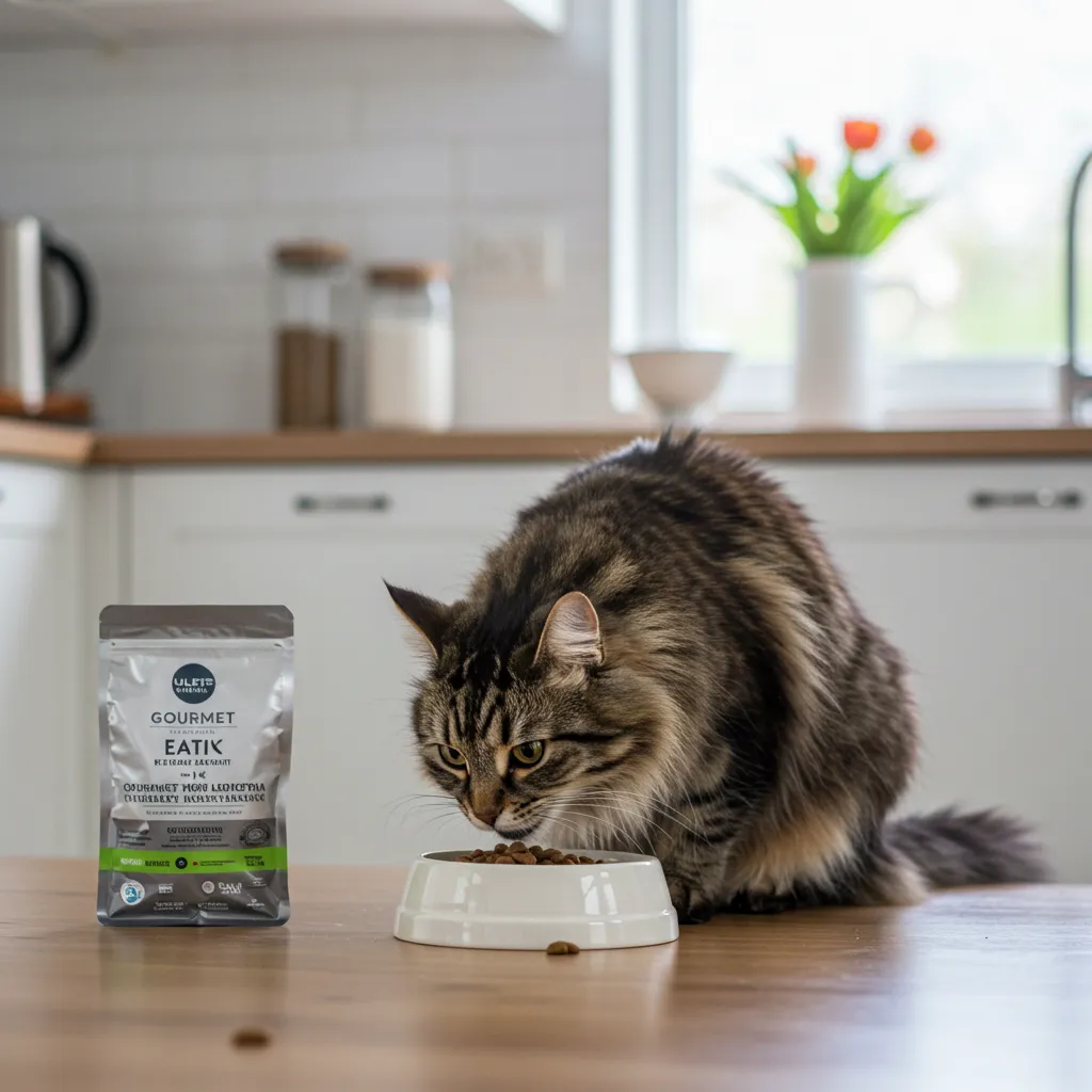 Norwegian Forest Cat eating nutritious diet for healthy growth.