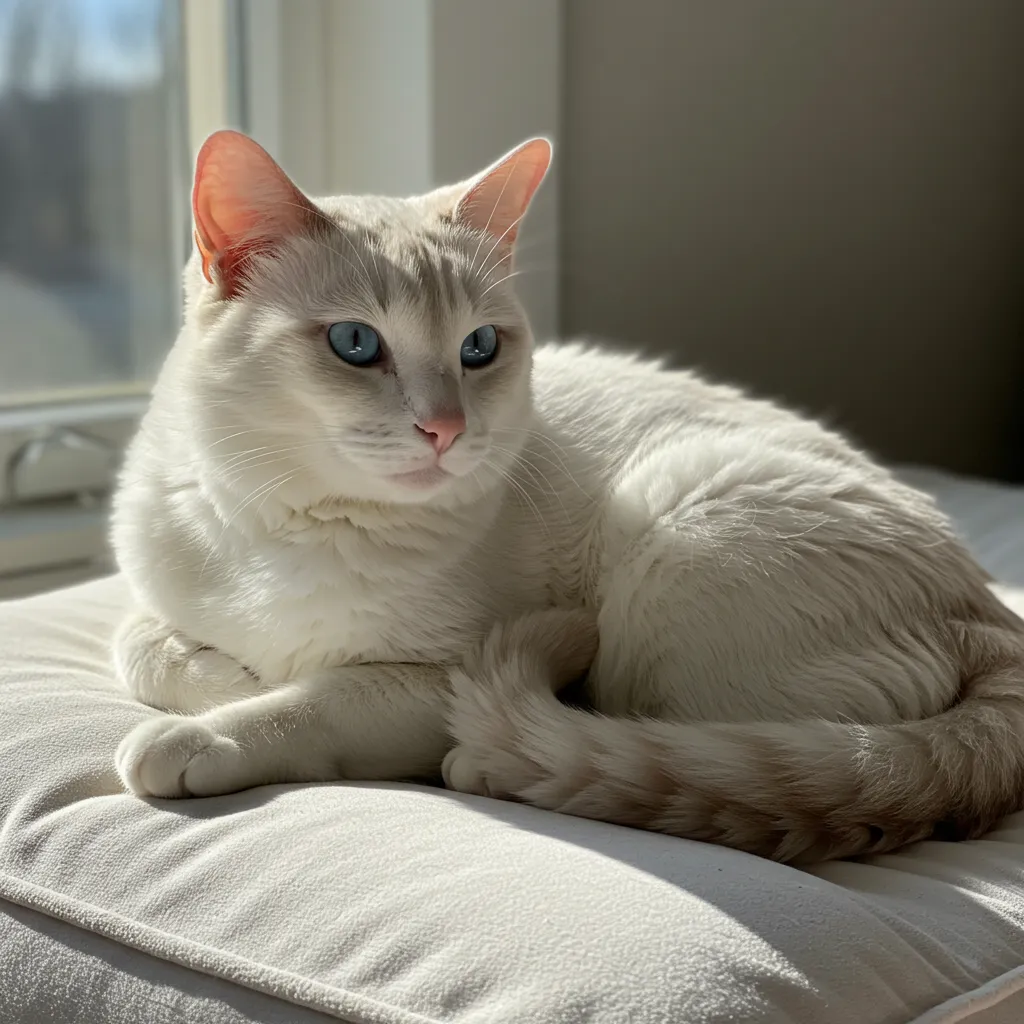 Majestic white cat with blue eyes on a cushion, inspiring names like Luna or Casper.