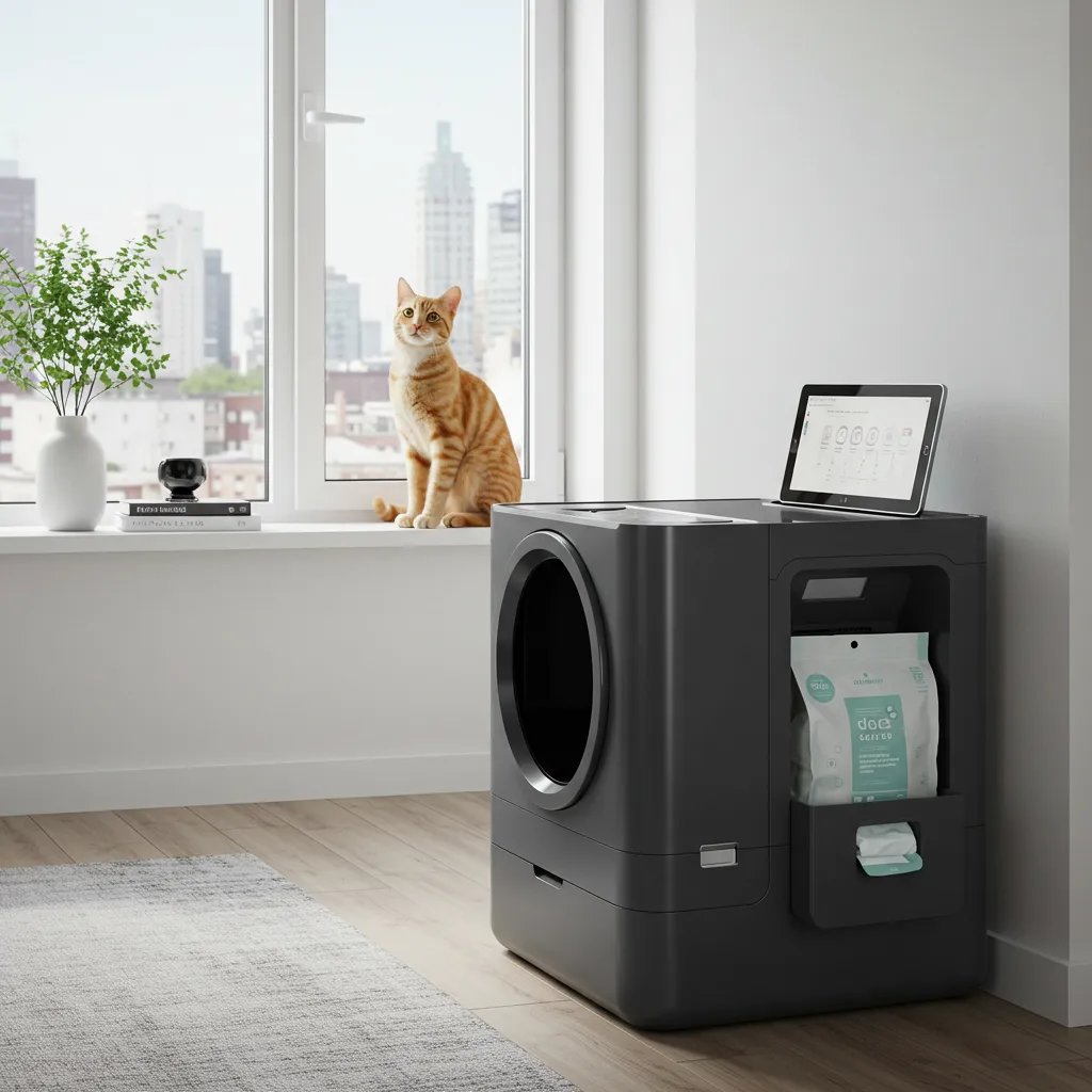  Self-cleaning litter box and eco-friendly litter in a modern apartment, showcasing 2025 cat litter trends.