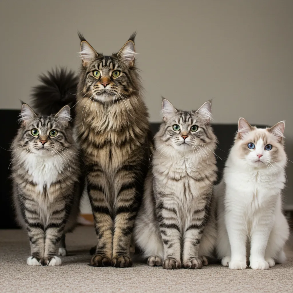 Giant cat breeds comparison: Norwegian Forest Cat vs Maine Coon, Siberian, Ragdoll.
