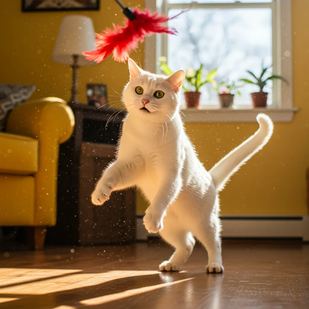  Playful white male cat chasing a feather, perfect for names like Blizzard or Apollo.