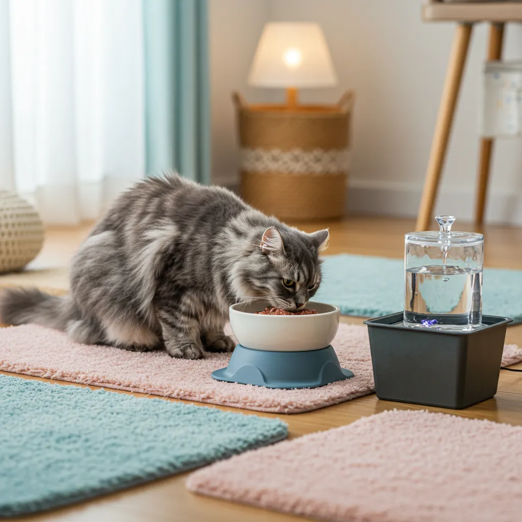 Cat with vestibular disease eating from elevated bowl in a safe, padded environment.