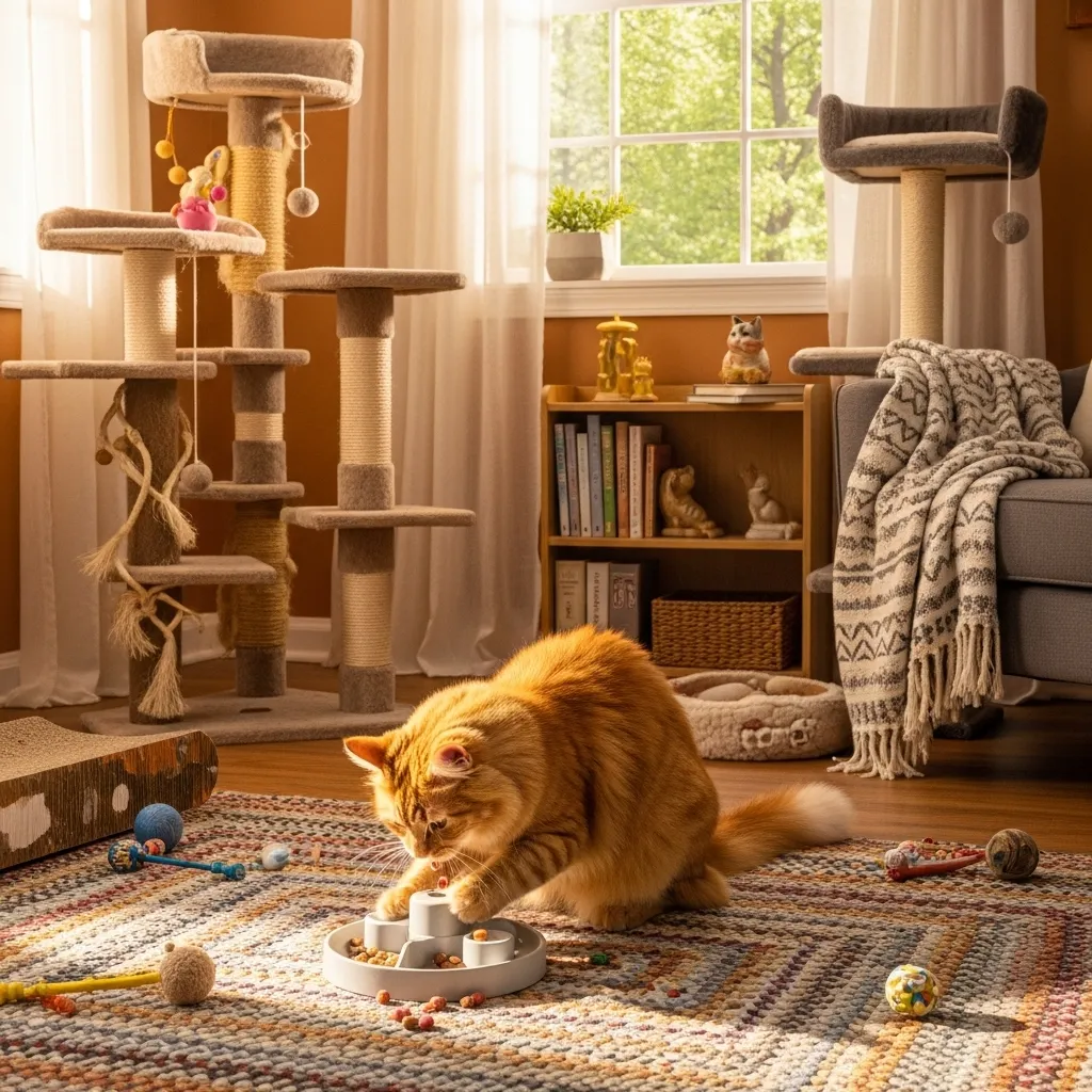 Cat engaging with a puzzle feeder in a cat-friendly room with a scratching post