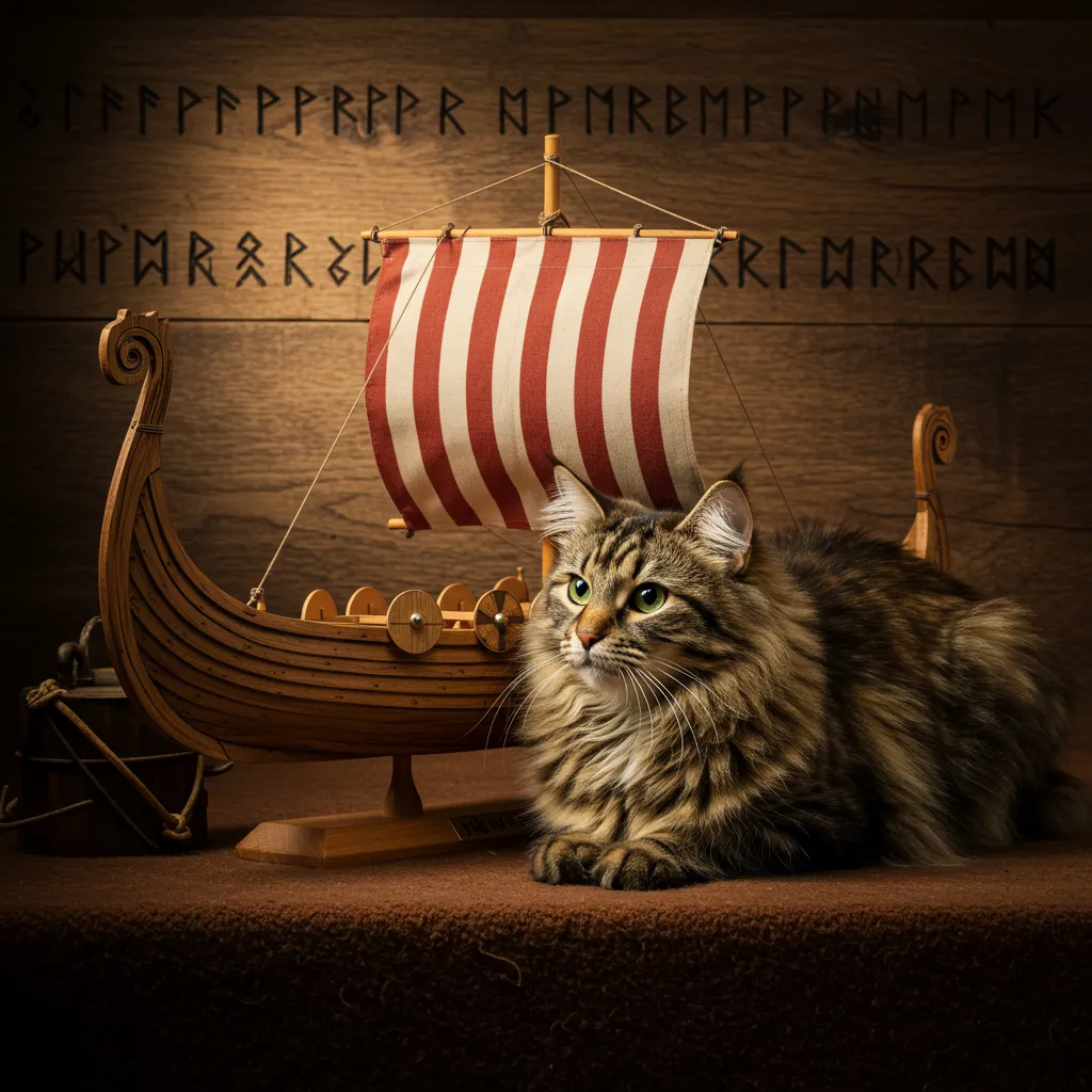 Norwegian Forest Cat in a Viking-themed setting, highlighting its historical size evolution.