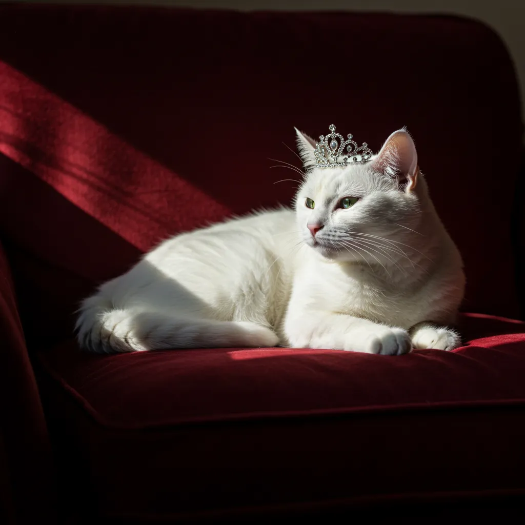  Elegant white female cat with a tiara, ideal for names like Pearl or Aurora.